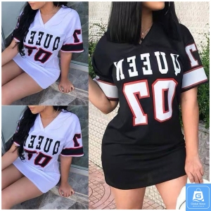 50pcs mixed color and sizes Fashion V-Neck Queen Letters Print Dress Short Sleeve Basketball Sporty Style Sexy Loose Female Clothing Streetwear Loungewear(below price is 50pcs)