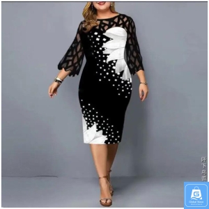 50pcs mixed colors and sizes Women's Floral Print Cocktail Party Midi Dress Mesh Long Sleeve Wedding Guest Formal Evening Dresses