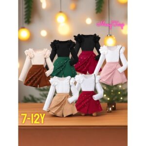 50pcs Turkey designs size 7yrs to 12yrs Hot girl's set fashion princess style middle-aged children's long-sleeved round-neck solid colour top studded bead pants skirt two-piece set