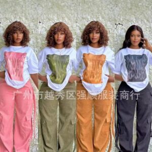 50pcs mixed color and sizes PU Faux Leather Pink Cargo Pants for Women Multi Pocket Hip Hop Straight-Leg Trousers Streetwear(below price is 50pcs)