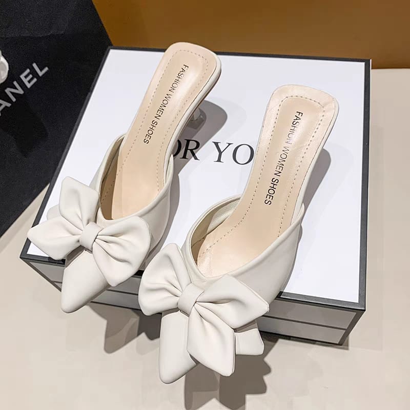 2022 New Design Summer Women Korean Point Head Bow-tied Thin-heeled Slip-on Fashion High-heeled slippers(below price is for 50pcs)sizes (35-41)