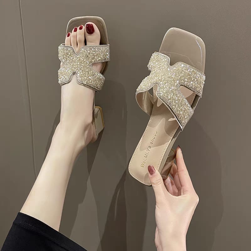 2025 New Summer Women Slippers Rhinestone Thick Heel Sandals Fashion Flat Bottom Outdoor Sandals(below price is for 25 pairs)(size )