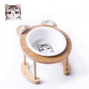 Double Bowl, Pet Tableware, Bowl with Stand, Cat Bowl, Ceramic, Tilt, Cervical Spine Protection, Stability, Uncovered, For Small and Medium Dogs, Cat Tableware, Feeding, Watering Supplies, Cute, Bamboo Stand, Pet Bowl, Food Plate, Ceramic, Easy Care(below price is for 10pcs)
