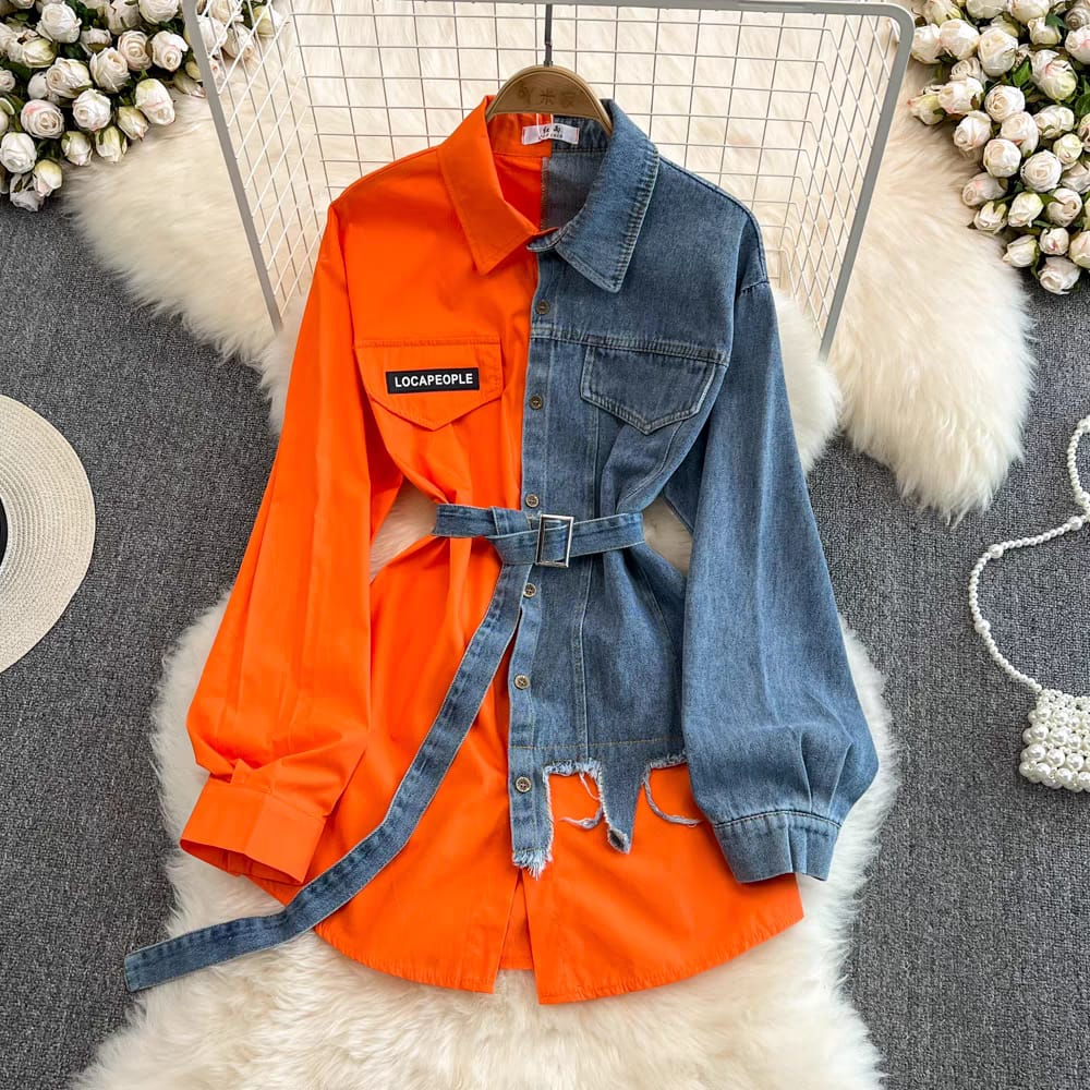 30pcs mixed color and sizes Elegant Vintage Contrast Color Lapel Neck Dress Women Summer Slim Waist Denim Dresses(below price is 30pcs)