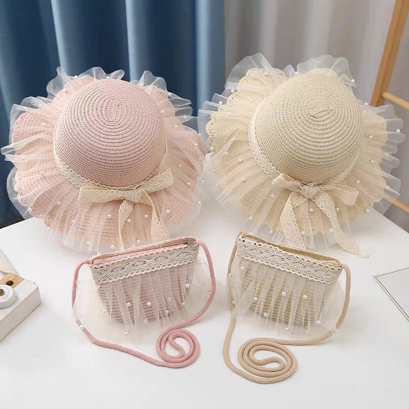 Child Straw Hat Shoulder Bag Set Kids Hats Summer Girl Cute Sweet Lace Bow Beach Hat Travel Anti-UV Breathable Sun Cap (below price is for 50pcs)