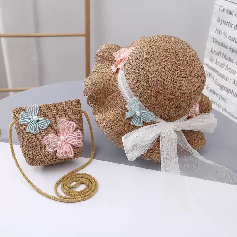 2pcs/sets Girls Straw Hat Shoulder Bags Summer Beach Hat Casual Cute Butterfly Kid Straw Hat Children Sunshade Hat & Bag (below price is for 50pcs)