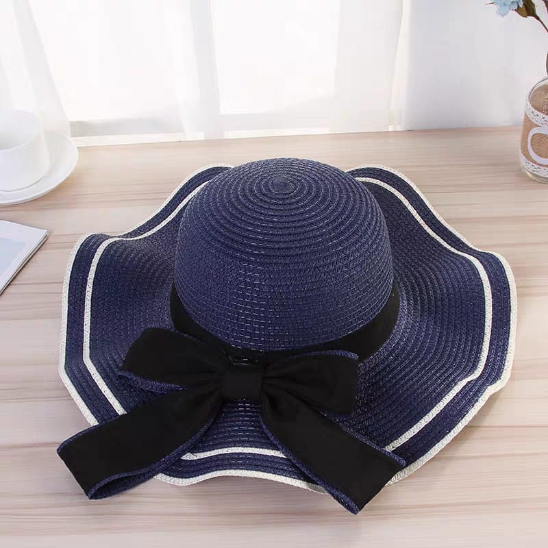 Anti-UV Summer Straw Hat Foldable Flat Top Women Beach Cap Bow-knot Decor Wide Brim Lady Sun Hat Striped Curled Edge Lady Hat (below price is for 50pcs)