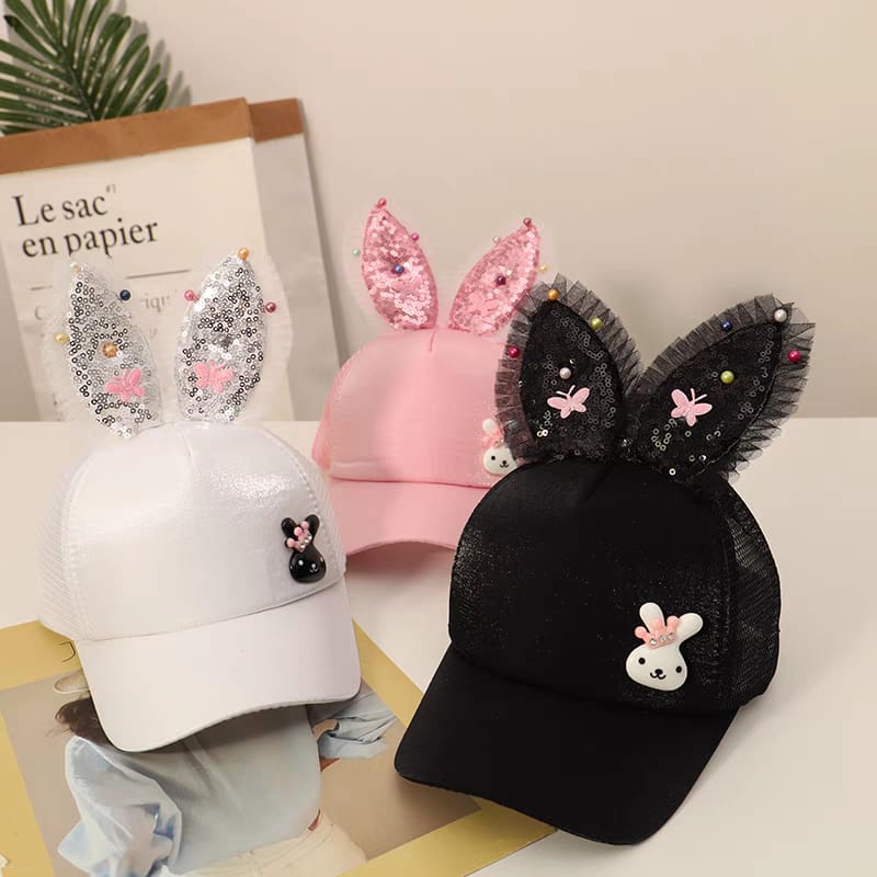Summer Kids Cartoon Rabbit Ears Mesh cap Snapback Children's Baby Sun Hat Seaside Baby Pretty Girl Sequins Hip Hop Baseball Cap (below price is for 50pcs)