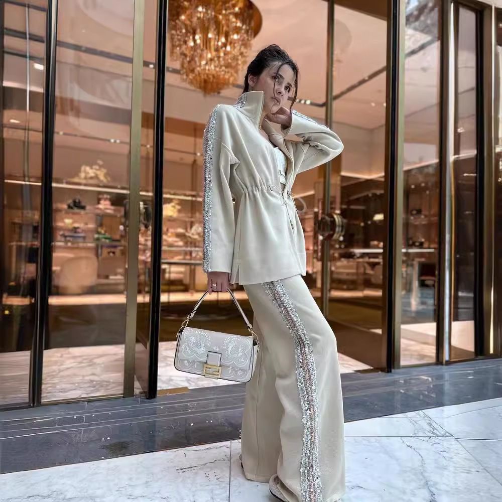 5pcs mixed color and sizes Fashion contrast solid slit women casual set slim women slim coat top & wide-leg pants autumn clothes long sleeve(below price is 5pcs)