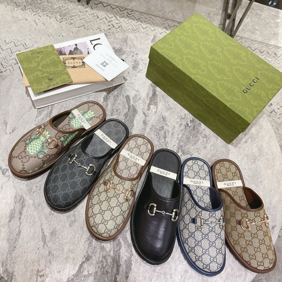 5pcs mixed color and sizes (36-44)Gucci Beige/Ebony GG Supreme Canvas Horsebit Flat Mules(below price is 5pcs)