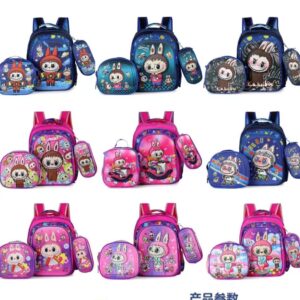 50pcs mixed cartoon POP Mart Three-piece Children's Schoolbag pull Rod Children's Backpack 3D Hard Shell Labubu Students Schoolbag(below price is 50pcs)