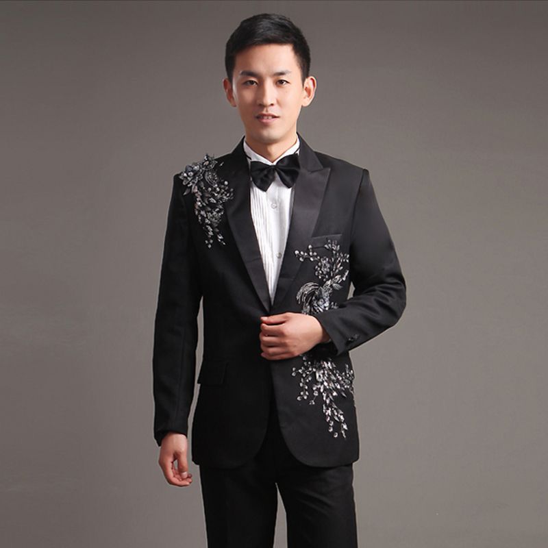 5pcs mixed color and sizes upto 2xl Men Slim 2 Pieces Set Formal Fit Tuxedo Prom Suit Male Groom Black Floral Appliques Wedding Blazers High Quality Jacket Pants(below price is 5pcs)