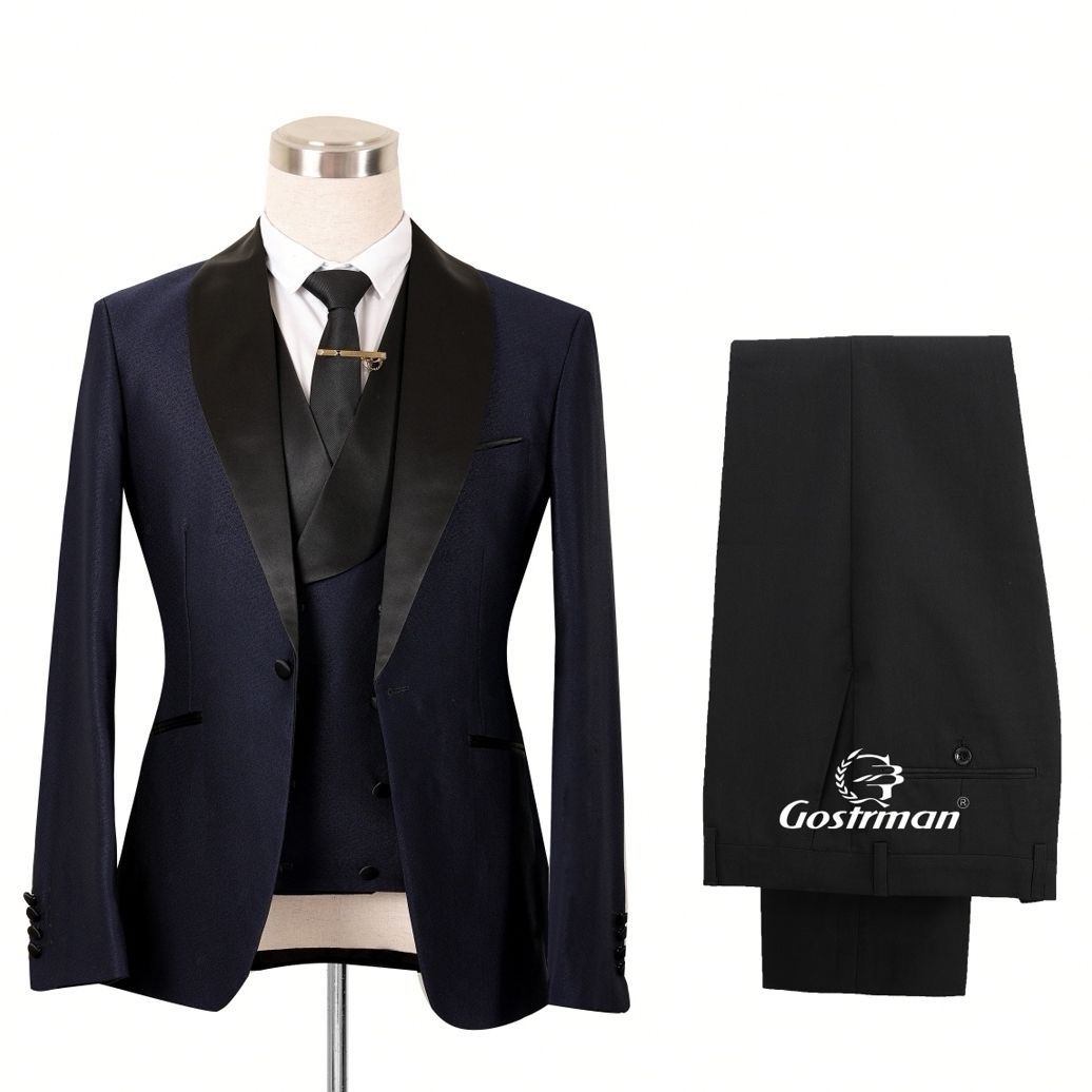 55pcs mixed color and sizes upto 40 New Men's Beige Suit with Black Color Wide Lapel Wedding Dress Suits Double Breasted Blazer 3 Pieces(below price is 5pcs)