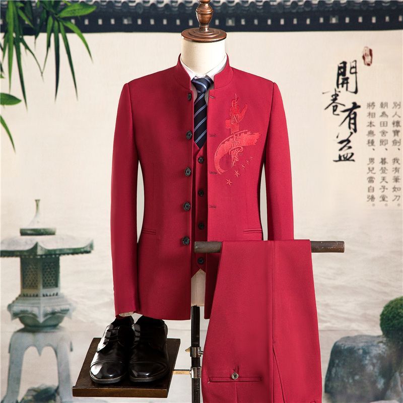 5pcs mixed color and sizes upto 4xl Abetteric Men 3-Pieces Stand-up Collar Style Chinese Vest & Trousers 3-Piece Suit Set(below prce is 5pcs)