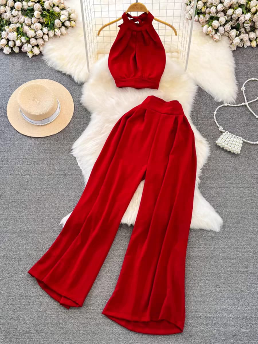 10pcs mixed color and sizes  New Summer Two Piece Set Women Sexy Strap Short Tops + High Waist Wide(below price is 10pcs)