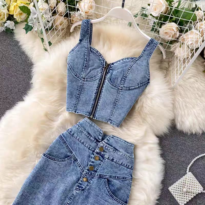 10 pcs mixed color and sizes denim two piece skirt set(below price is 10pcs)