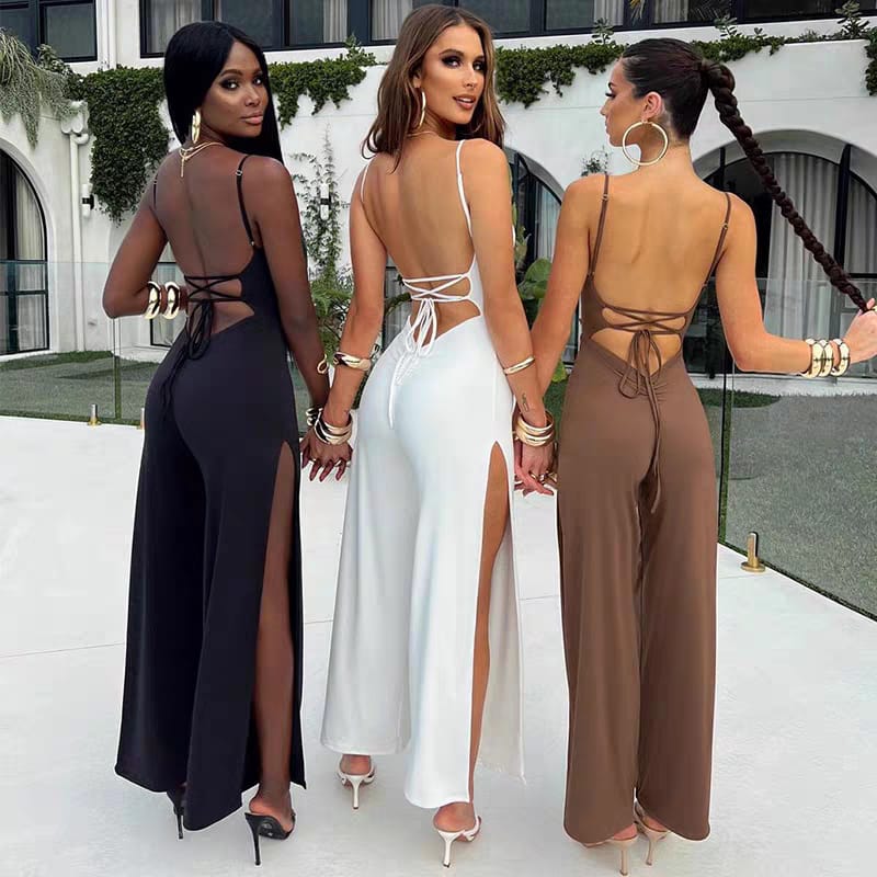 10pcs mixed color and sizes  Articat Sexy Backless High Slit Bandage Women Jumpsuits White Spaghetti Strap Elegant Jumpsuit Female Summer Slim Party Clubwear(below price is 10pcs)
