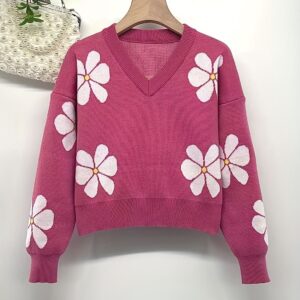 12pcs mixed color and sizes girls daisy flower jacquard loose v-neck short knitted sweater(below price is 12pcs)