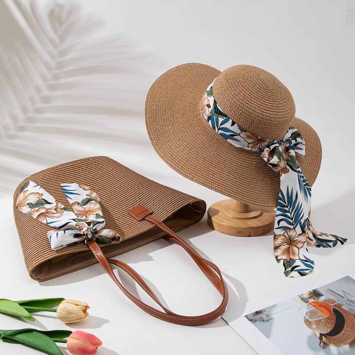 20set Vacation Fashion Versatile Large Capacity Woven Tote Bag and Hat sac(below price is 20set)