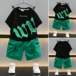 10sets mixed color and sizes 100 to 160 cm   Boys Summer Suit New Baby Summer Clothes Cool and Handsome Clothes Trendy Kidsren's Internet Celebrity Street Short-Sleeved Kidsren's Clothing , Tshirt and shorts