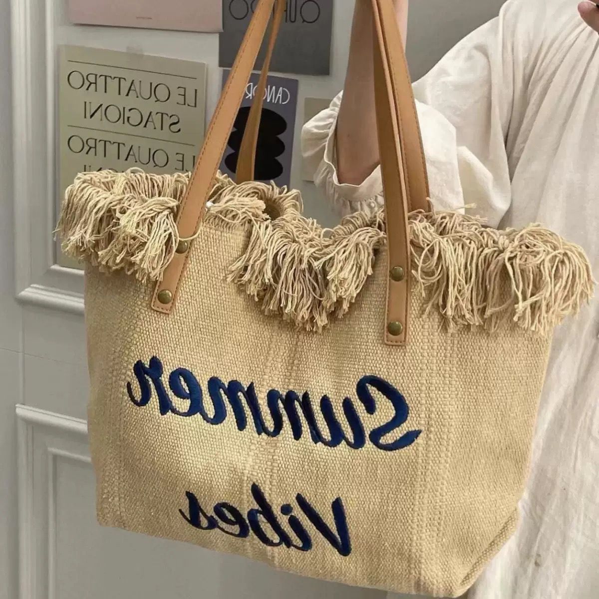 50pcs mixed color Large Capacity Canvas Tote Bag With Embroidered Letters(below price is 50pcs)